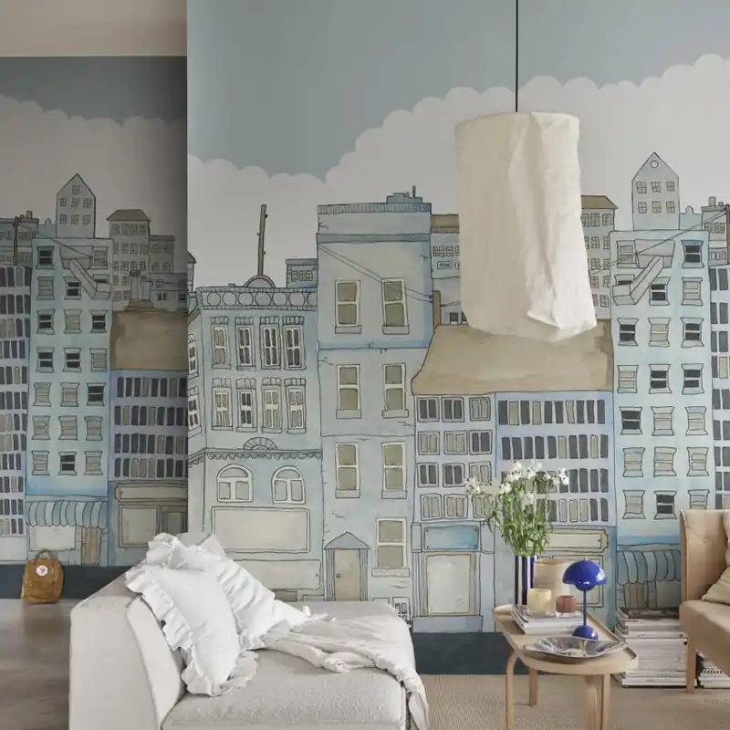 Funny Houses, Light Blue, Rebel Walls Tapet cu design urban de basm - Funny Houses Light Blue Ofertă de sezon