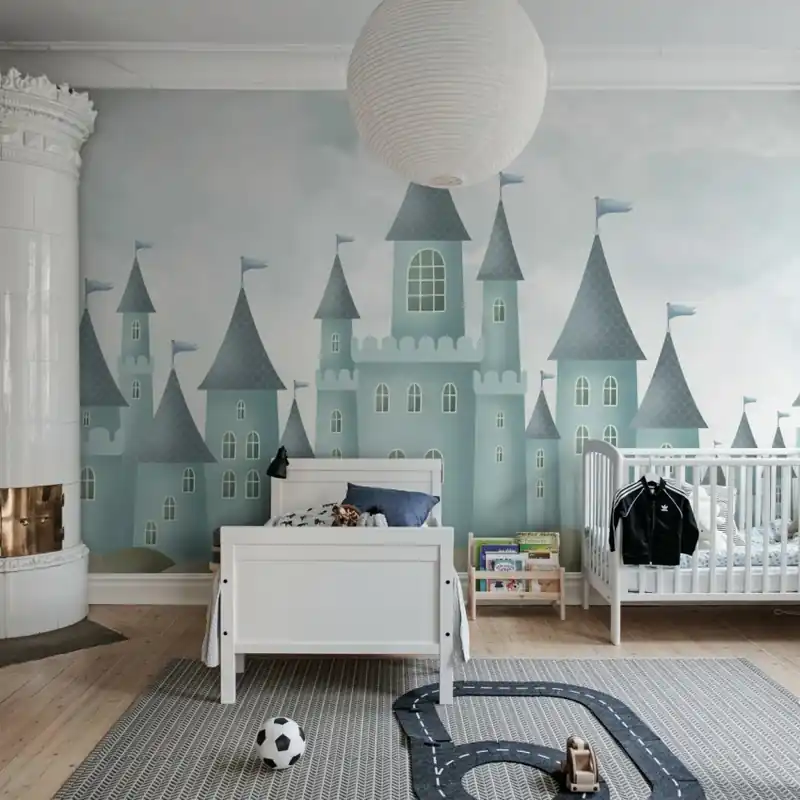 Reducere specială Castle Village, Blue, Rebel Walls Tapet cu Castel pentru Camera Copiilor