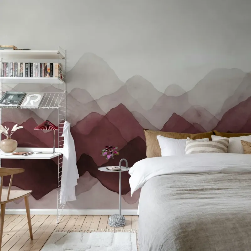 Watercolor Mountain, Burgundy, Rebel Walls Tapet cu Munți în Acuarelă - Adaugă un Plus de Eleganță Camerei Tale Promoție