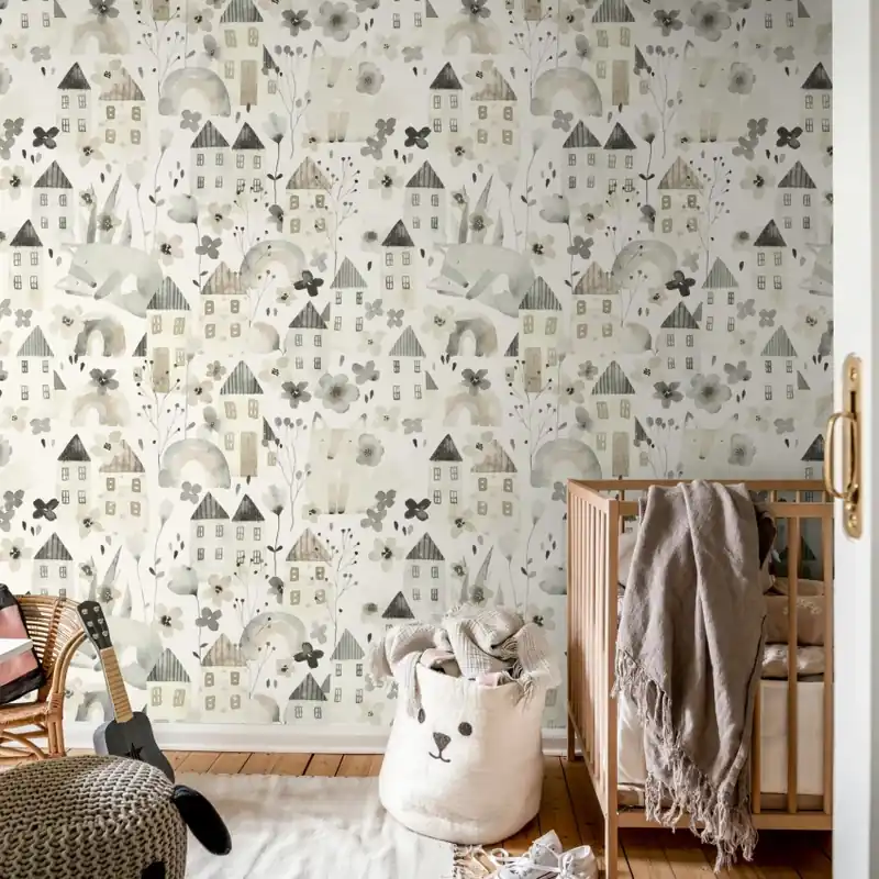 Fox Village, Gray, Rebel Walls Tapet cu modele delicate și culori pastelate pentru camera copilului Preț mic