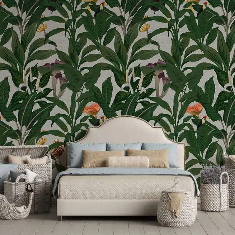 Plată sigură White tropical story, VLAdiLA Tapet tropical cu frunze luxuriante și păsări exotice