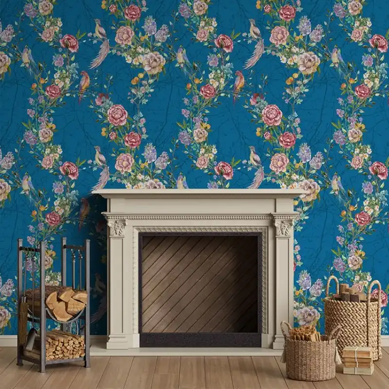 Joie de Vivre in Blue, VLAdiLA Tapet floral cu flori delicate și păsări pe un fundal albastru vibrant Preferatul clienților