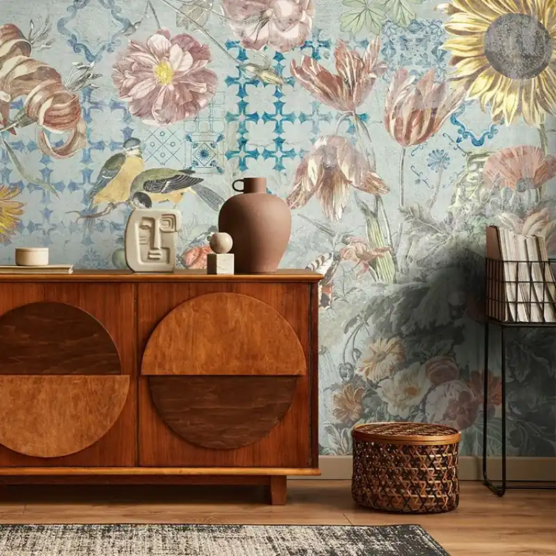 Cel mai bun preț Ceramic Flowers (Blue), VLAdiLA Tapet floral cu motive geometrice