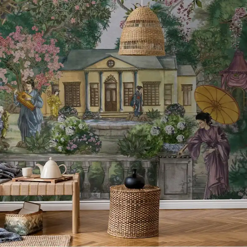 Premium The Monarchal Pavilion, VLAdiLA Tapet cu design oriental - Grădină vibrantă cu flori delicate și un palat elegant
