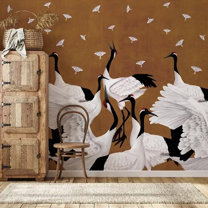 Expediere rapidă Grus Japonesis in Ochre, VLAdiLA Tapet cu Macarale Albe pe Fundal Ocru