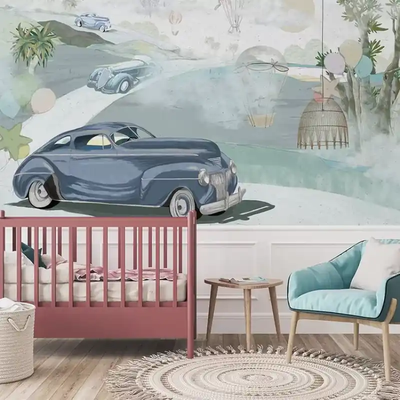 Retro cars (blue), VLAdiLA Tapet cu mașini retro - un stil elegant și nostalgic Ofertă specială