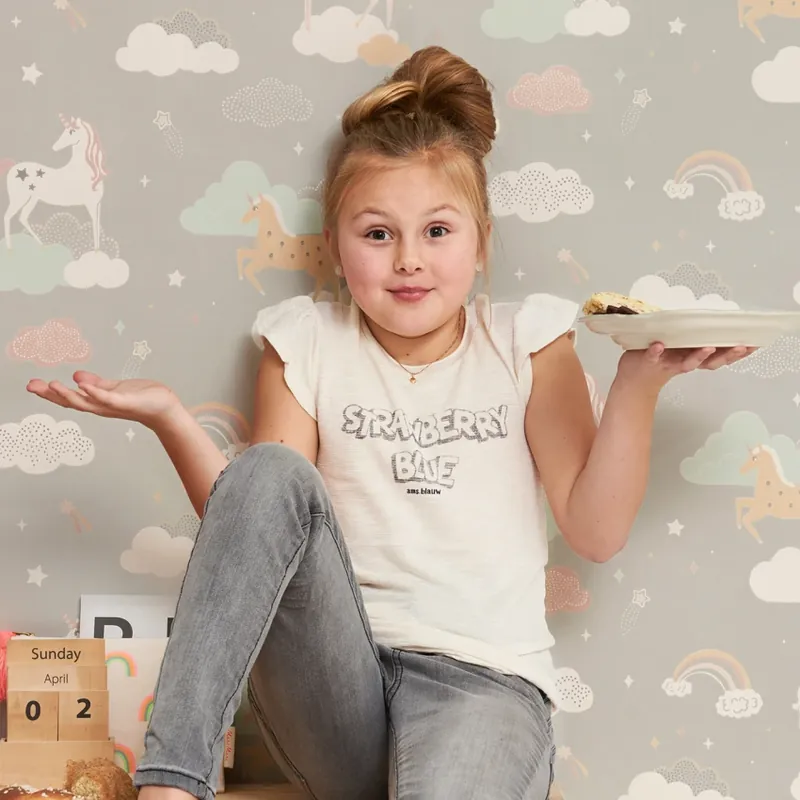 Doar azi Rainbow Treasures, Mud Grey, Majvillan Tapet cu Unicorni si Curcubeie pentru Camera Copilului