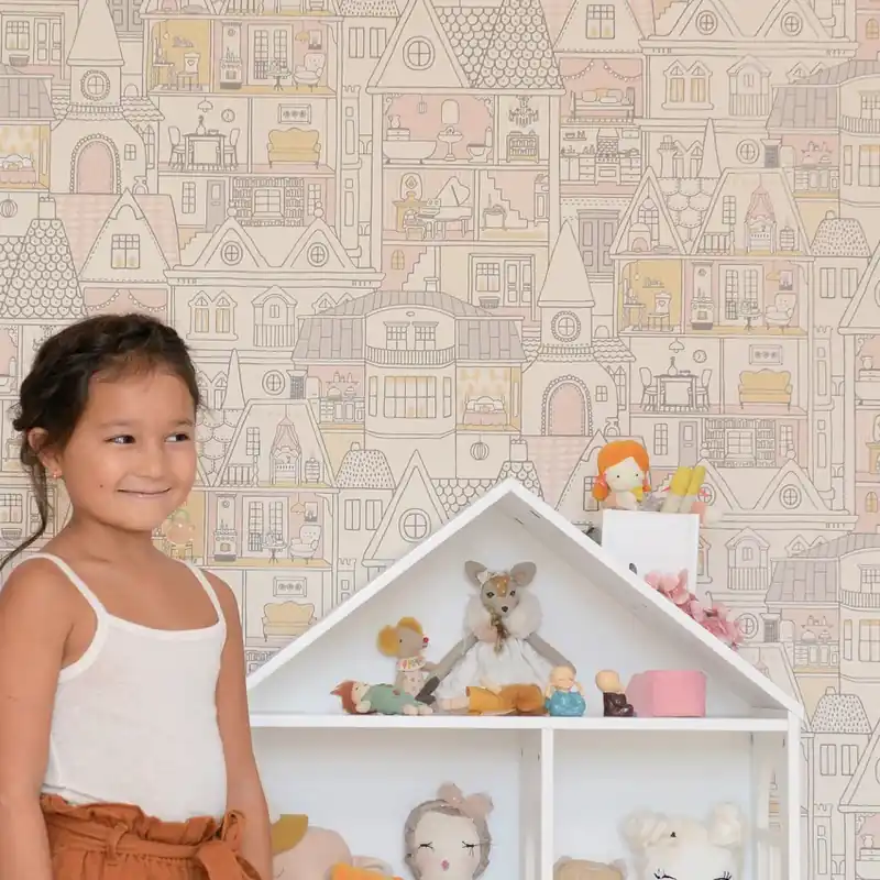 Noutate Dollhouse, Soft Wool White, Majvillan Tapet cu design unic de casuțe adorabile