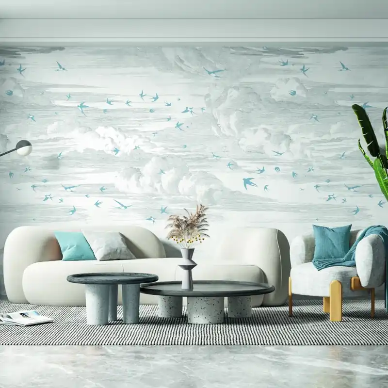 Envolée, Bleu Perle - Fond Grisaille, PaperMint Tapet modern cu păsări - Envolée, Bleu Perle - Fond Grisaille Reducere