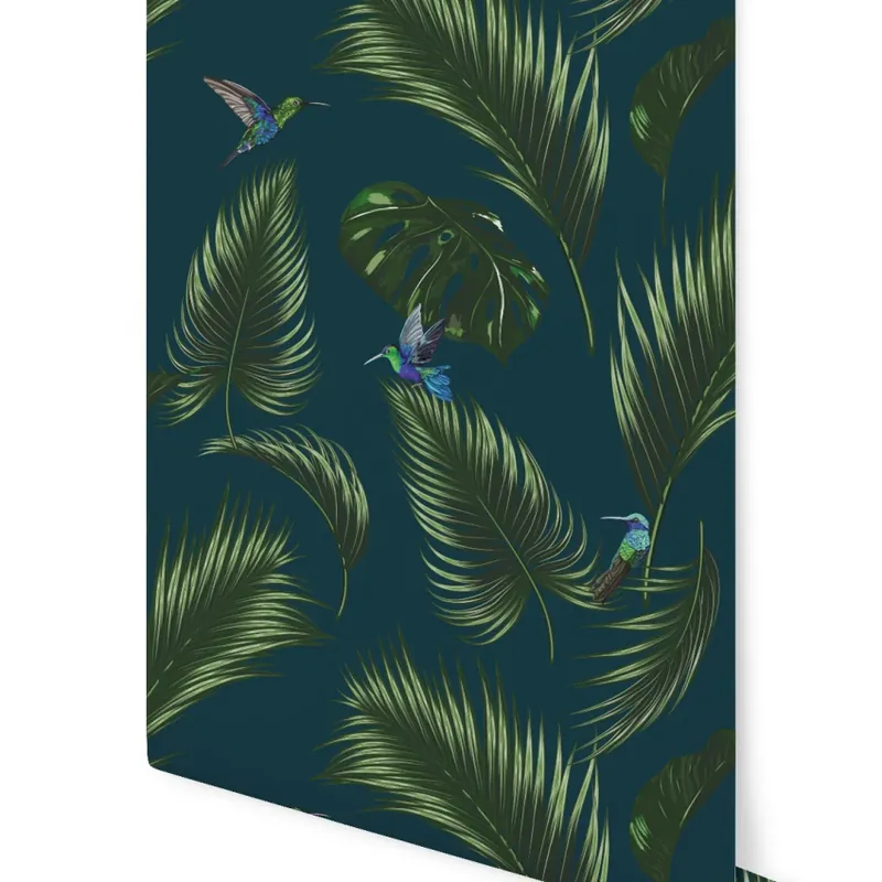 Lichidare de stoc Jungle, Bleu Canard Fonce, 5.3mp / rola, PaperMint Tapet cu Frunze Tropicale si Colibii