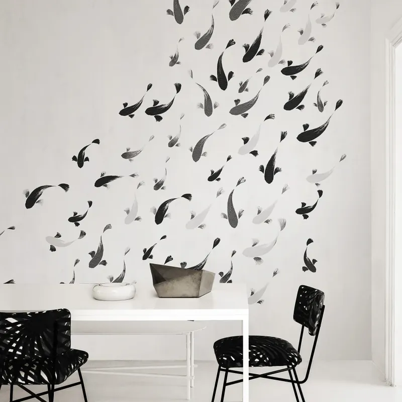 Exclusive Wallpaper / Phazing Re-Edition (alb), Londonart Tapet minimalist cu pești stiliști - design modern pentru un spațiu elegant Cel mai bun preț
