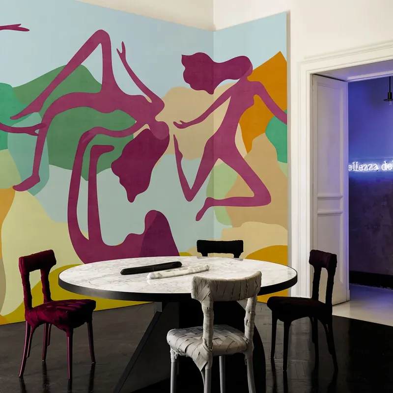 Exclusive Wallpaper / Les Bacchantes (magenta), Londonart Tapet modern abstract cu siluete feminine Lichidare de stoc