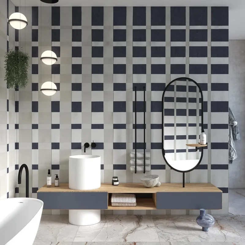 Premium Tatami, Blue, Tecnografica Tapet geometric pentru o baie modernă