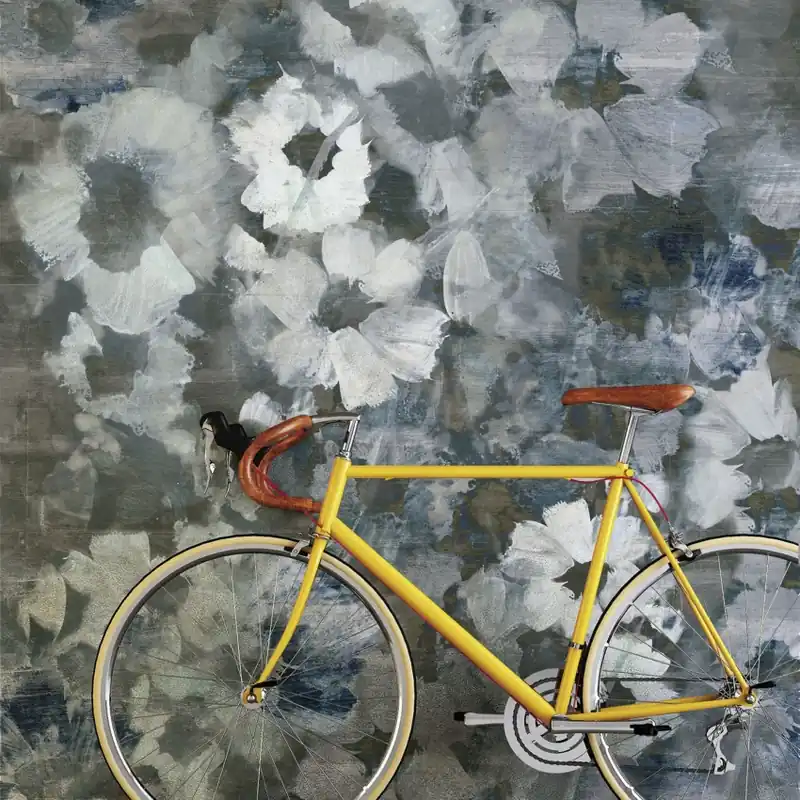 Ieftin Blu Mediterraneo, Tecnografica Fototapet modern cu bicicletă galbenă și flori albe