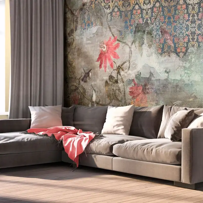 Ofertă exclusivă Mad Madras, Tecnografica Tapet floral vintage cu flori roșii și păsări