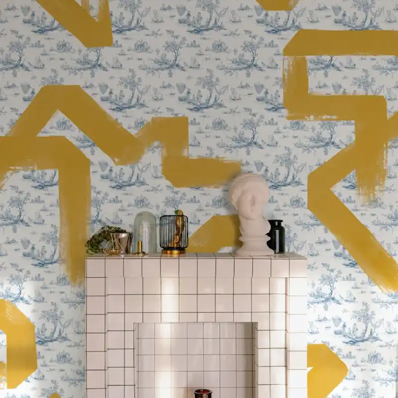 Toile Strokes, Blue, TresTintas Tapet cu model toile si linii galbene Livrare rapidă