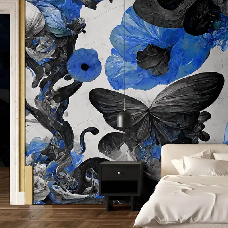 Dream IV, Idea Murale Tapet Contemporan cu Flori Albastre si Fluturi Negri Cumpără online