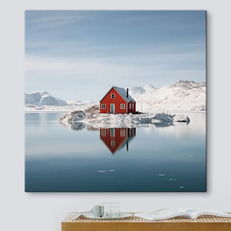 Preferatul clienților Pictură pe pânză Minimalist peisaj de iarnă roșu casa de lângă lac Nr s41437