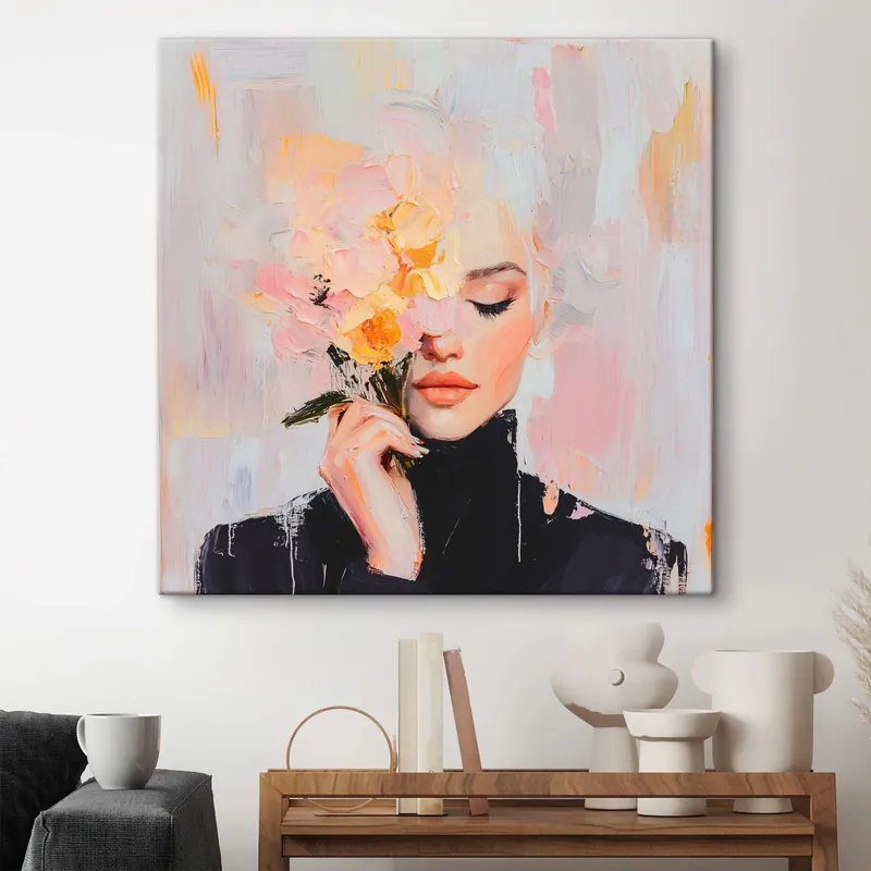Pictură pe pânză Femeie abstractă cu un buchet de flori în mâini cu tușe de pensulă Nr s41355 Premium