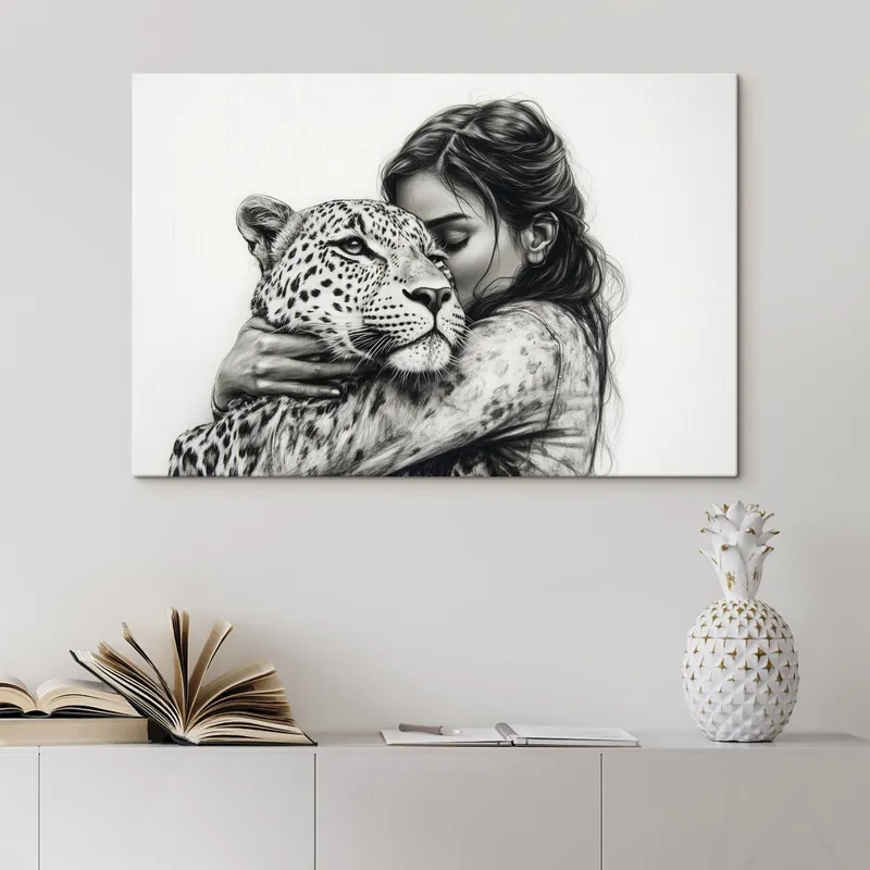 Pictură pe pânză Femeie cu leopard, animale sălbatice, desen în creion, alb-negru Nr s41455 Preferatul clienților