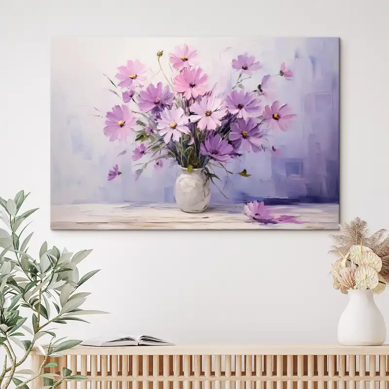 Pictură pe pânză Delicate flori violet violet într-o vază Nr s41475 Comandă acum