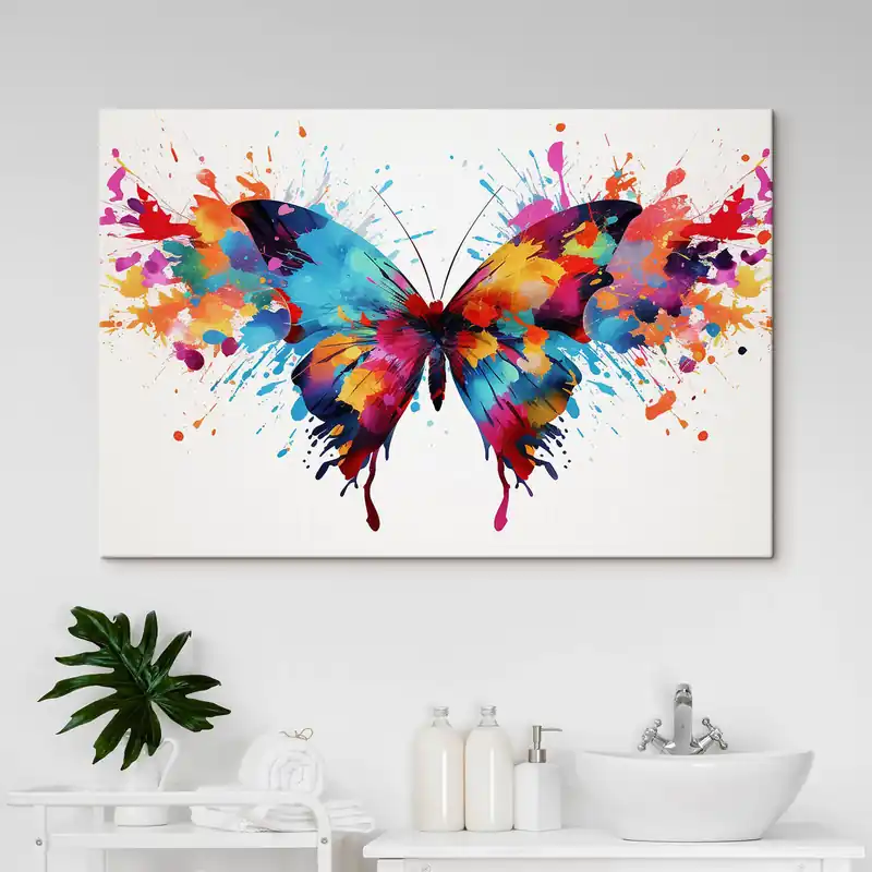 Pictură pe pânză Fluture acuarelă pe un fundal de stropi multicolori de vopsea Nr s41560 Cel mai vândut