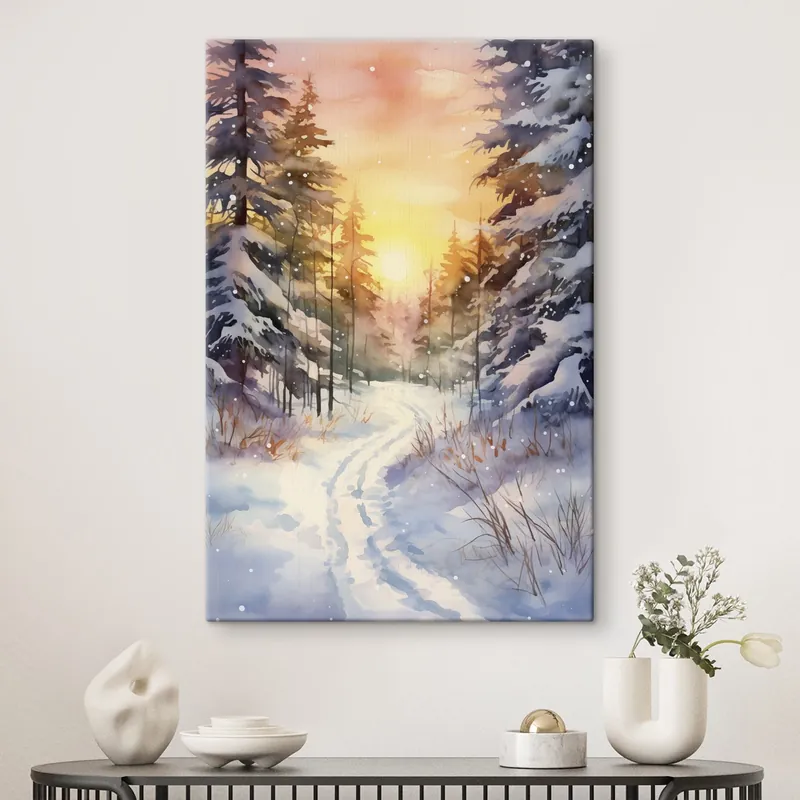 Pictură pe pânză Acuarelă pădure de iarnă, fulgi de zăpadă, cer frumos, apus de soare Nr s41640 Reduceri
