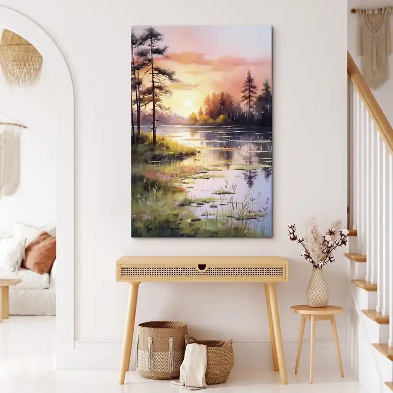 Pictură pe pânză Răsărit de soare pe lacul din pădure, acuarelă, copaci, flori, lumină blândă Nr s41644 Retur gratuit