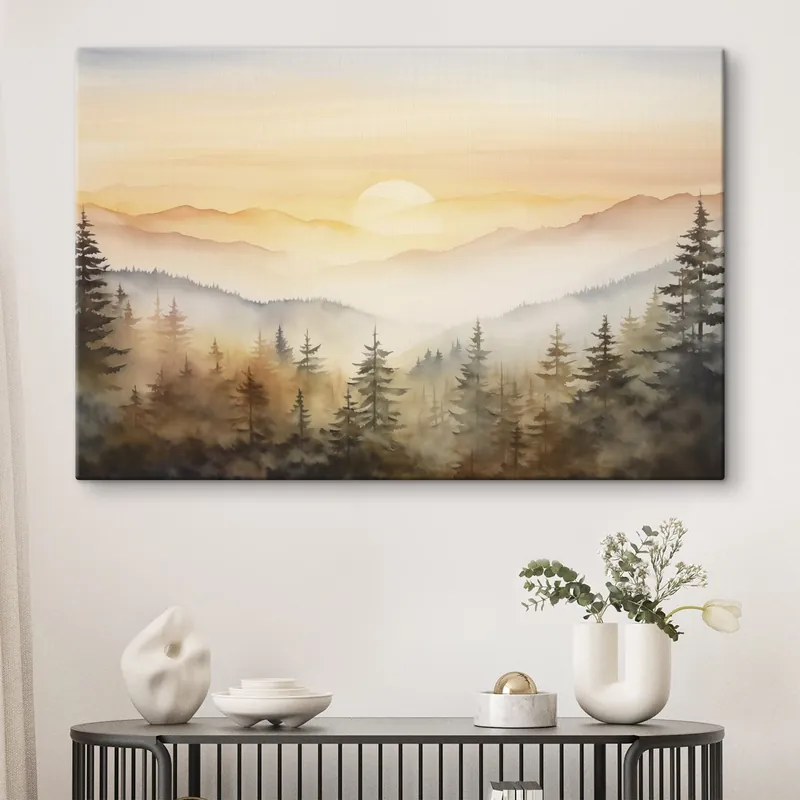 Noutate Pictură pe pânză Toamna munți peisaj, pădure de pini, apus de soare, acuarelă Nr s41645