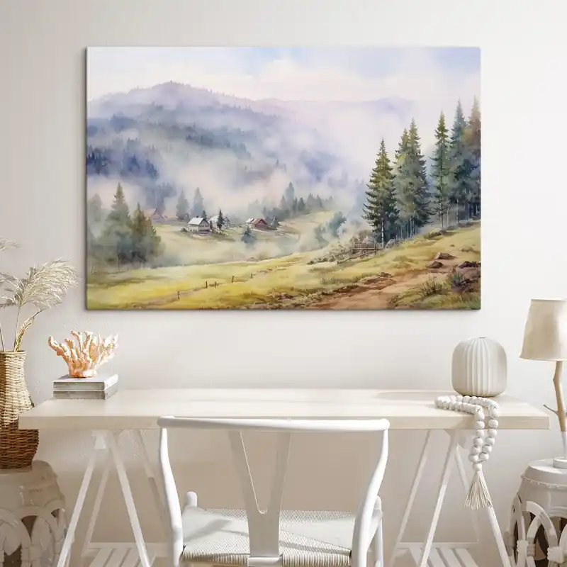 Cumpără acum Pictură pe pânză Munți frumoși, peisaje forestiere cețoase, acuarelă, sat Nr s41649