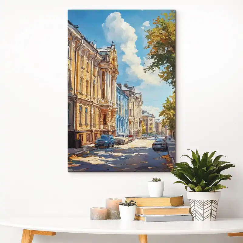 Discount Pictură pe pânză Strada orașului pe o zi însorită, în stilul vopselei în ulei Nr s41751