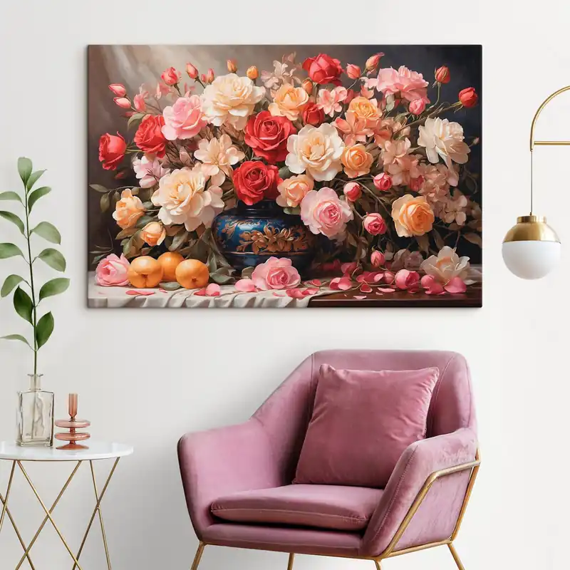 Pictură pe pânză Buchet de flori într-un vas volumetric albastru Nr s41518 Reducere de preț