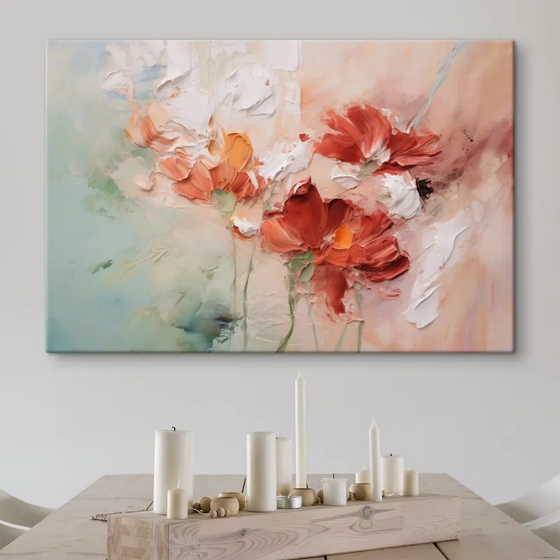 Pictură pe pânză Compoziție abstractă de flori, imitare brushstroke, verde, nuanțe de roșu Nr s41852 Reduceri