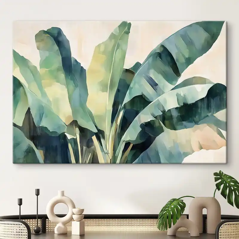 Pictură pe pânză Frunze tropicale mari în stil acuarelă Nr s41874 Reducere de preț