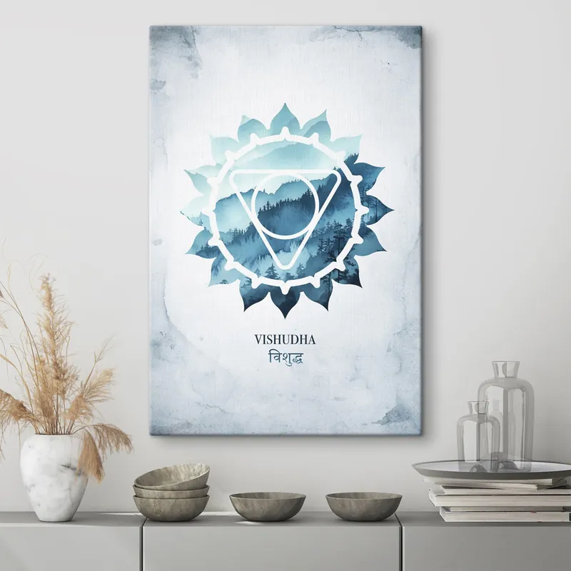Vezi acum Pictură pe pânză Vishuddha chakra, chakra albastră, esoteric, meditație, buddhism, munți în stil acuarelă Nr s41884