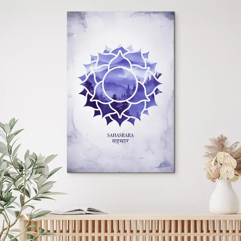 Pictură pe pânză Sahasrara chakra, chakra purpurie, esoteric, meditație, buddhism, munți în stil acuarelă Nr s41886 Cumpără online