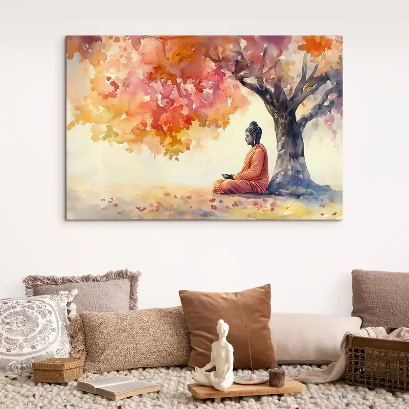 Preferatul clienților Pictură pe pânză Buddha meditând sub copac, stil acuarelă, toamnă, ezoteric Nr s41887