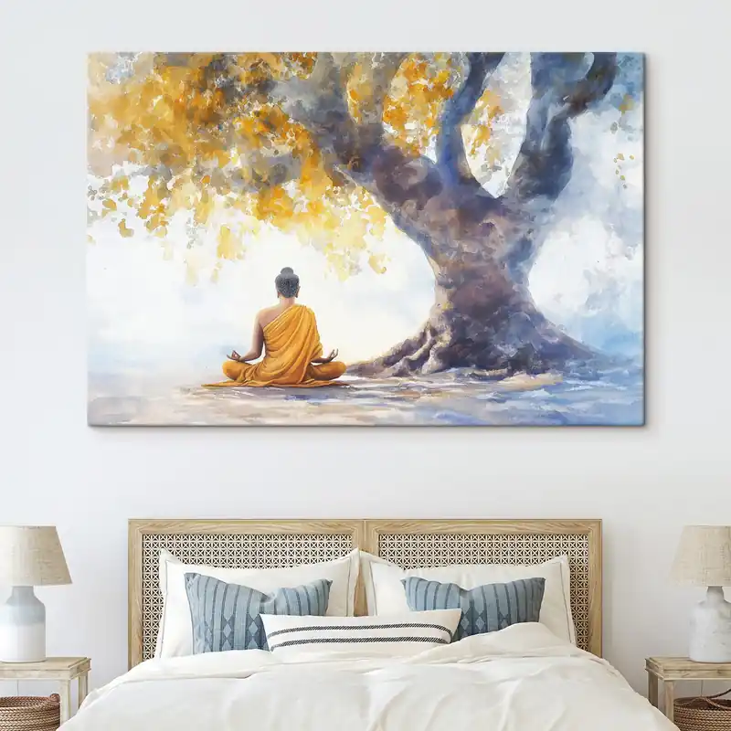 Pictură pe pânză Meditație sub copac, Buddha, stil acuarelă, culori galben și albastru Nr s41888 Retur ușor