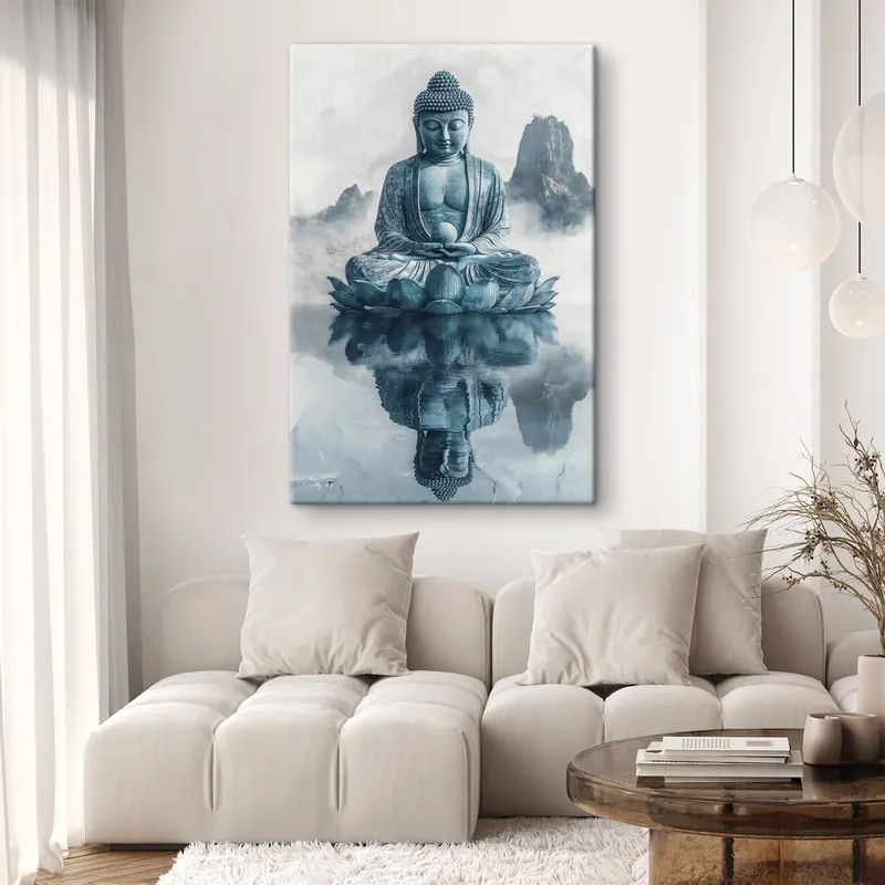 Disponibil imediat Pictură pe pânză Statuia lui Buddha, stil oriental, buddhism, munți, lac, meditație, spiritual Nr s41890