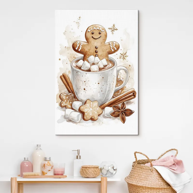Lichidare de stoc Pictură pe pânză Bărbați de turtă dulce în ceașcă de cafea, scorțișoară, bezele, stil acuarelă, bej Nr s41948
