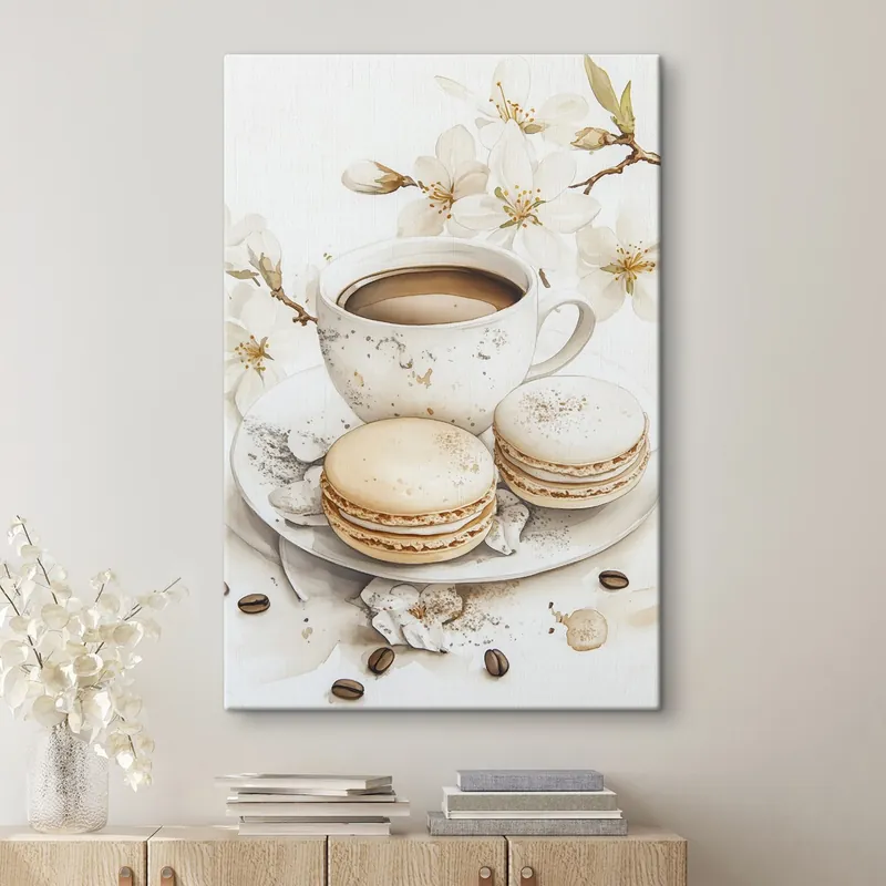 Reducere Pictură pe pânză Ceașcă de cafea cu macaroane, stil acuarelă, culori moi, flori de iasomie Nr s41949