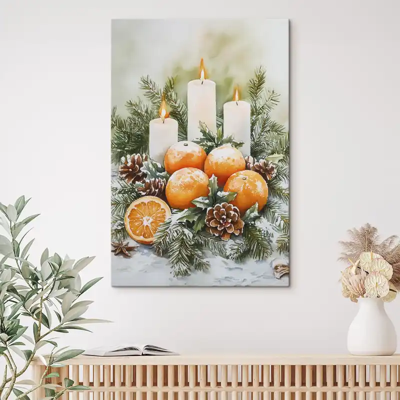 Pictură pe pânză Decor de Crăciun cu lumânări, brad, conuri și portocale, stil acuarelă Nr s41951 Livrare expres