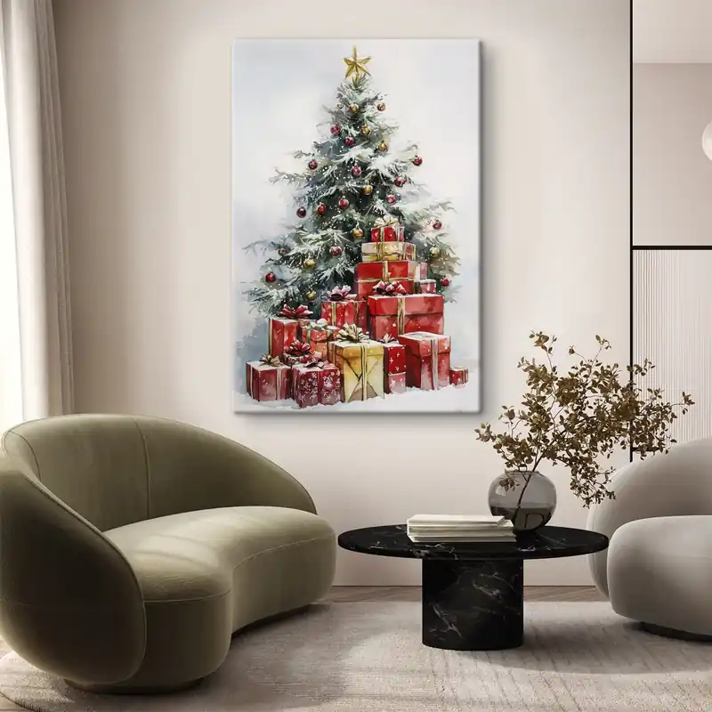 Ofertă exclusivă Pictură pe pânză Pom de Crăciun festiv cu cadouri împachetate, zăpadă, stil acuarelă Nr s41953