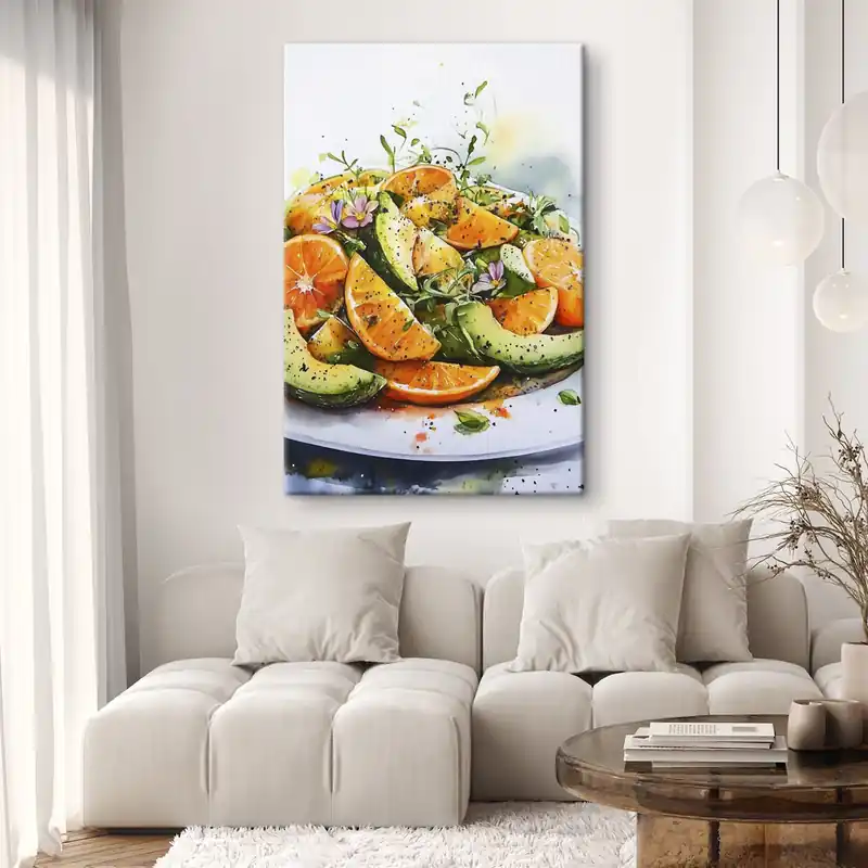Pictură pe pânză Salată în stil acuarelă cu dovleac, portocale și avocado Nr s41957 Reducere