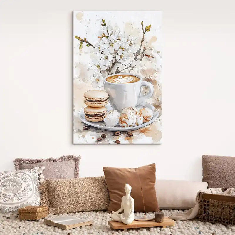 Pictură pe pânză Ceașcă frumoasă de cafea, flori de iasomie, macaroane, culori moi de acuarelă Nr s41964 Retur ușor
