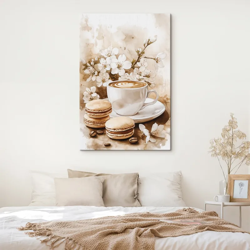 Pictură pe pânză Macaroane, ceașcă de cafea, stil acuarelă, culori bej, flori de iasomie Nr s41965 Cumpără online