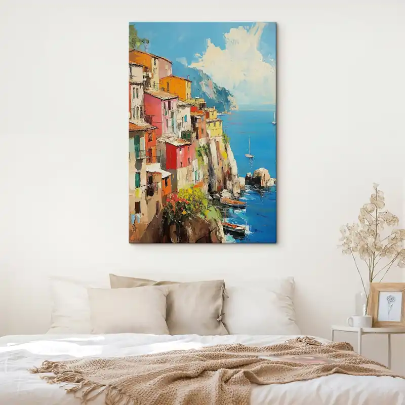 Pictură pe pânză Oraș italian pe malul mării în stilul picturii în ulei Nr s42002 Ofertă exclusivă