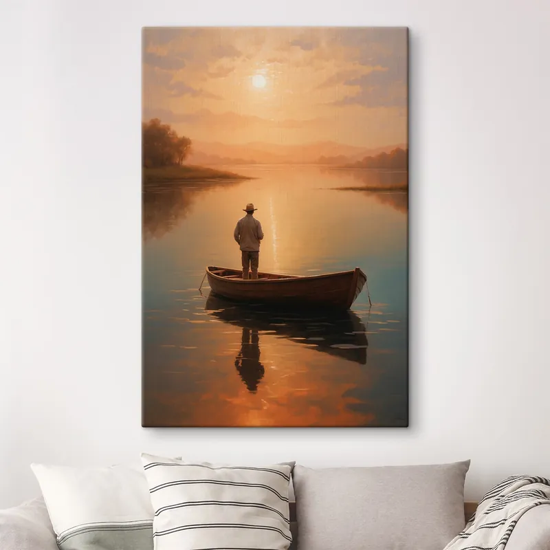 Pictură pe pânză Bărbat într-o barcă în mijlocul unui lac Nr s41770 Premium