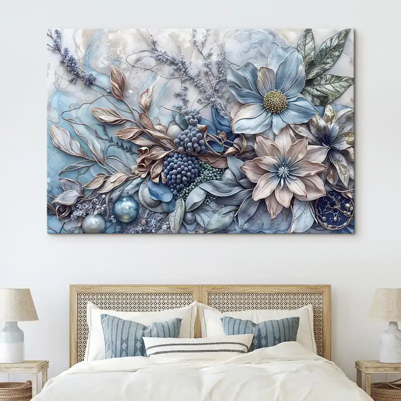 Pictură pe pânză O textură detaliată abstractă cu flori luxuriante, cu flori mari, vibrante, albastre și roz, fructe de pădure și alte elemente botanice Nr s42210 Reducere extra