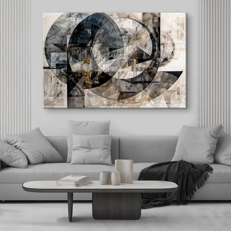 Pictură pe pânză O compoziție geometrică abstractă modernă cu forme suprapuse și imprimeu în nuanțe de gri, negru și bej Nr s42212 Promoție